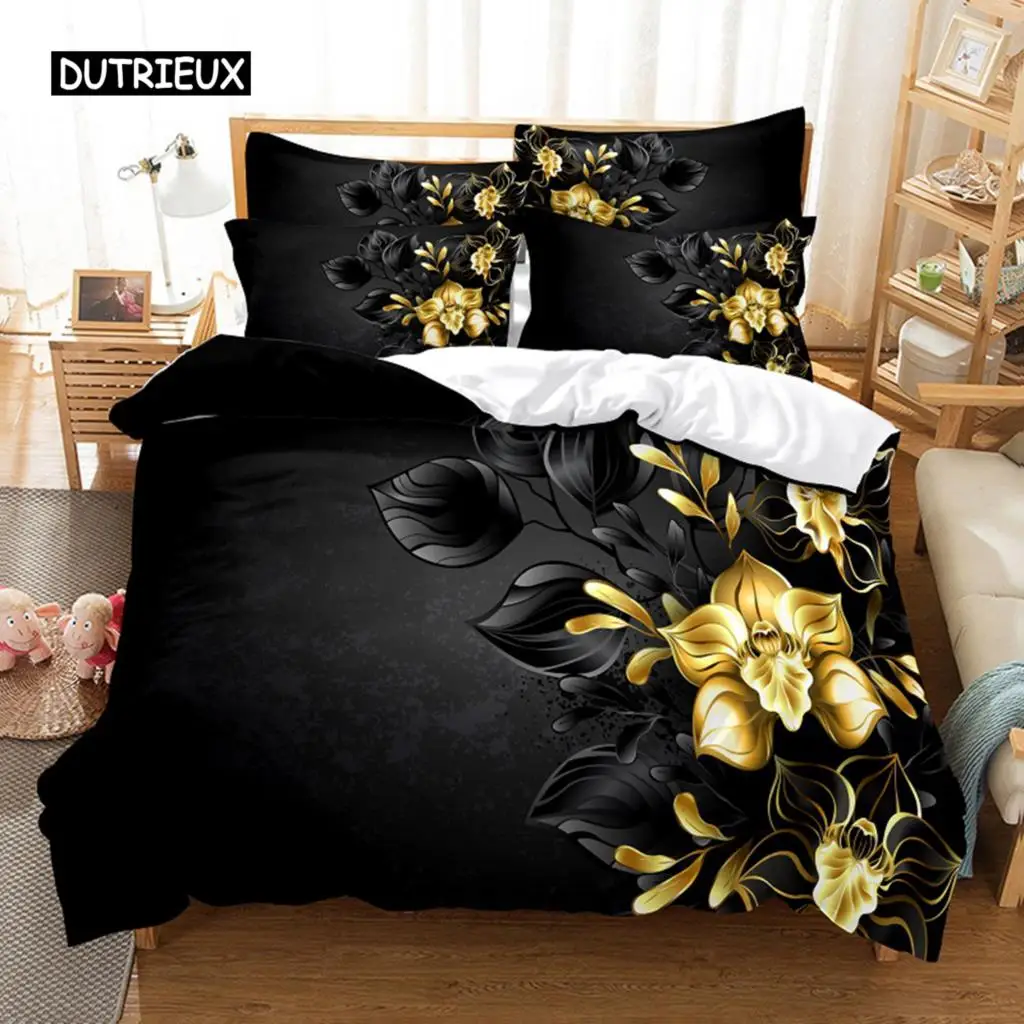 

Flower Duvet Cover Set Queen King Size Blooming Golden Flower Twin Bedding Set for Girls Women Vibrant Floral Theme Quilt Cover