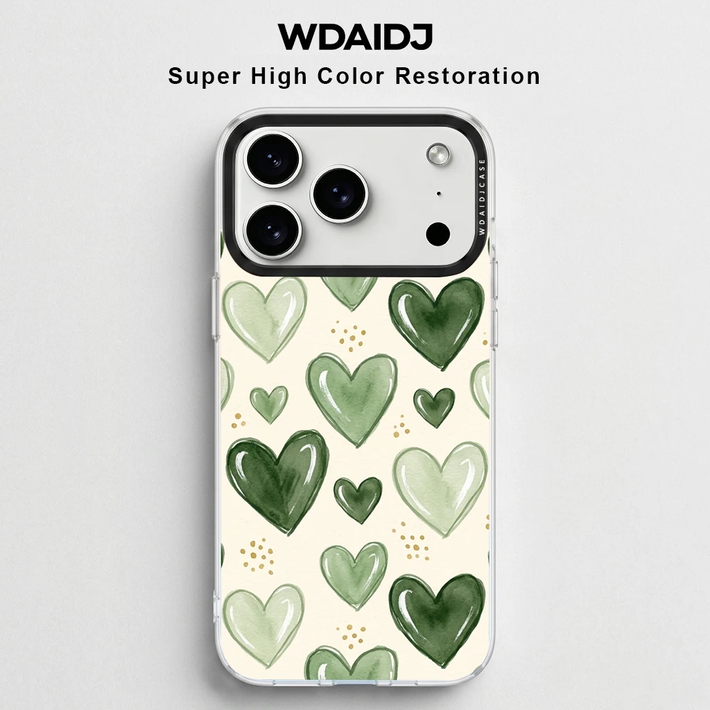 

Watercolor Green Heart Print Clear Phone Case for iPhone 13 14 15 16 17 Sweet Pattern Anti Yellow Shockproof Protective Cover