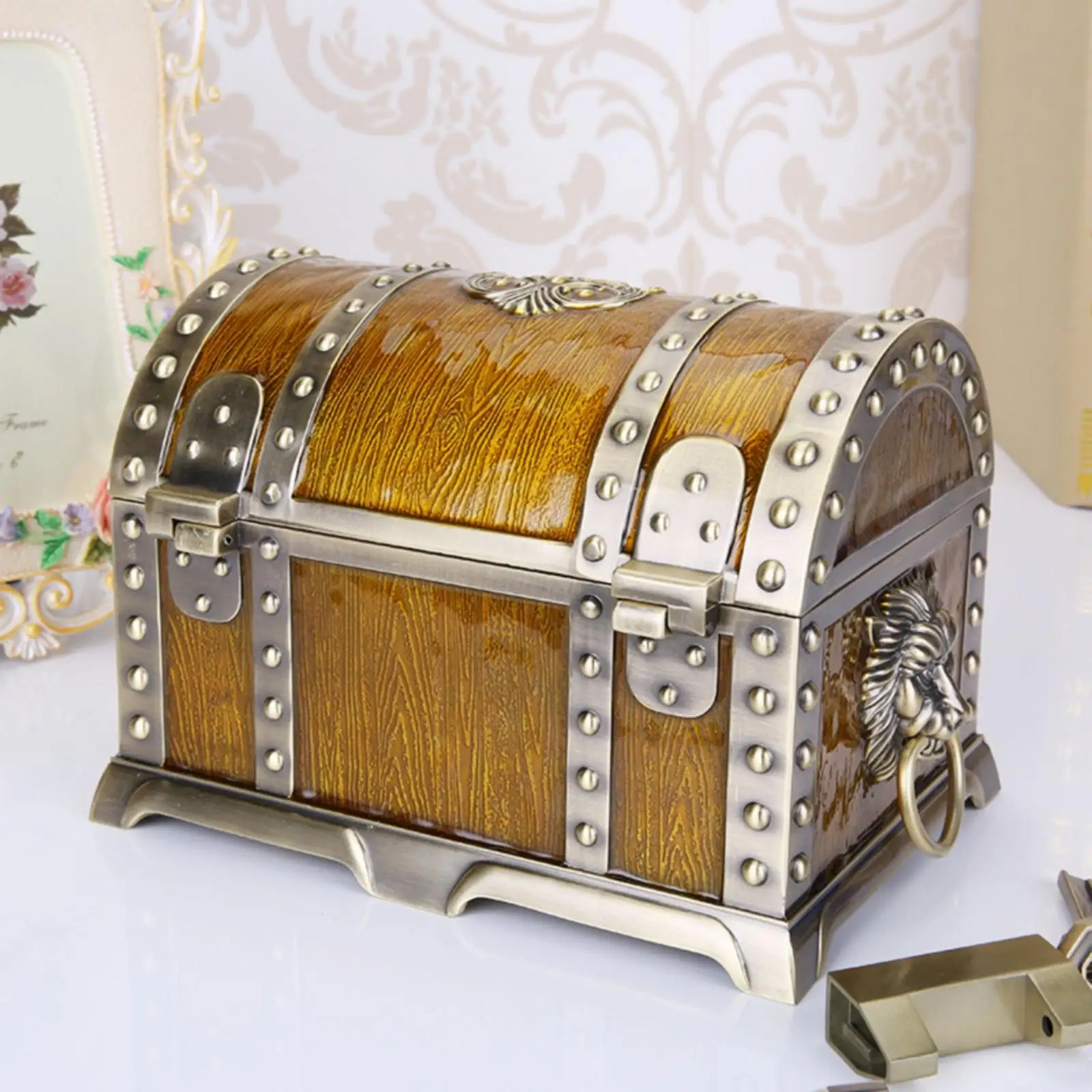Compact Antique Jewelry Box with Electroplated Aged Finish Velvet Lining for Women Organizing Necklaces Bracelets Gifts
