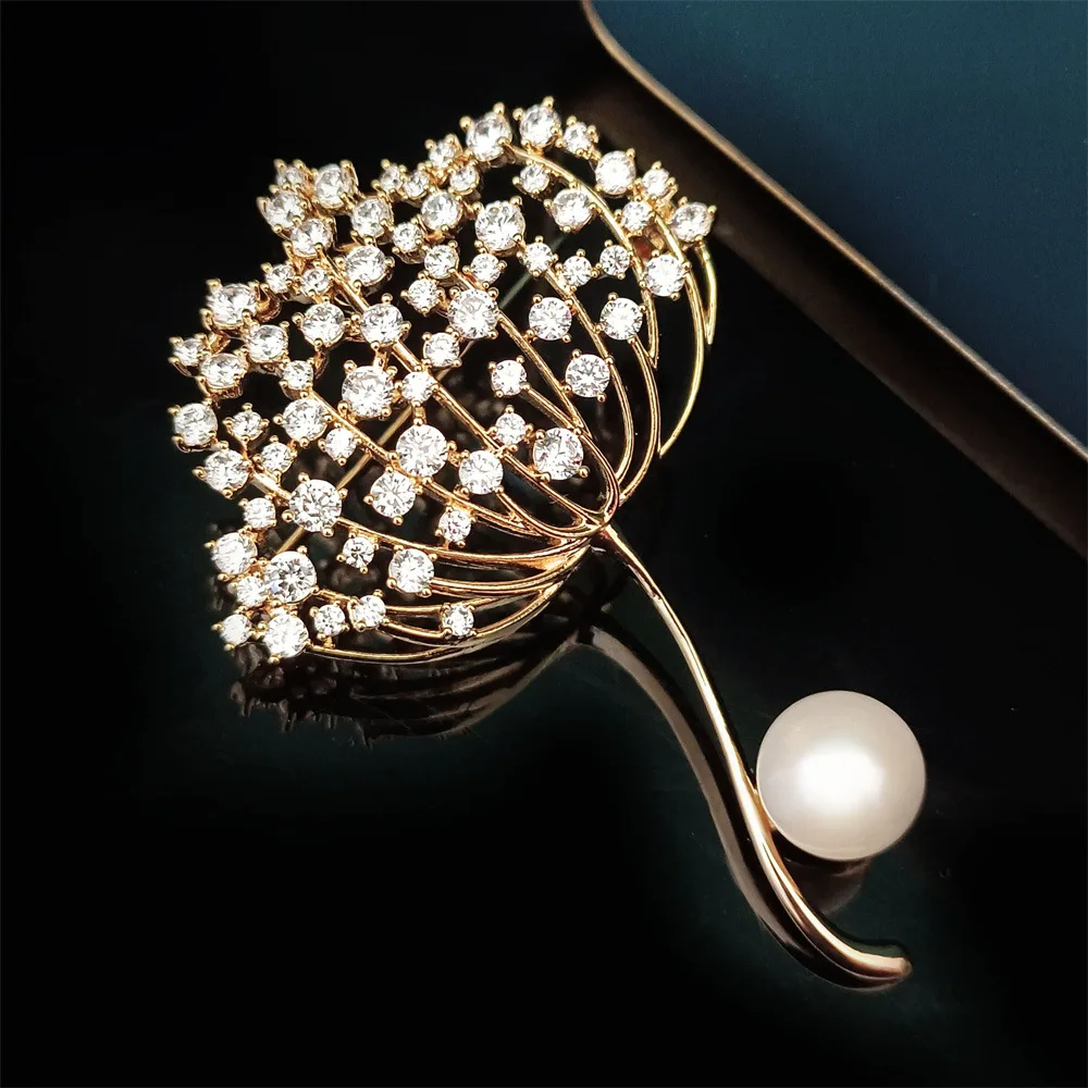 

OKILY Luxury Zircon Dandelion Brooch Elegant Freshwater Pearl Flower Corsage Fashion Accessories Pin and Brooches Female Jewelry