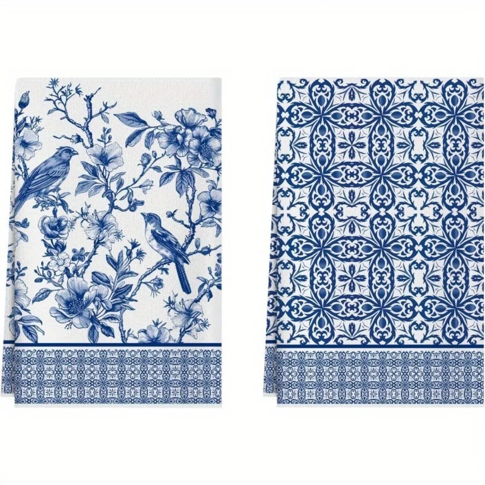 Blue White Floral Bird Kitchen Towel 2D Single Print Elegant Stylish Durable Towel Home Kitchen Dining Room Vintage Vibe Decor