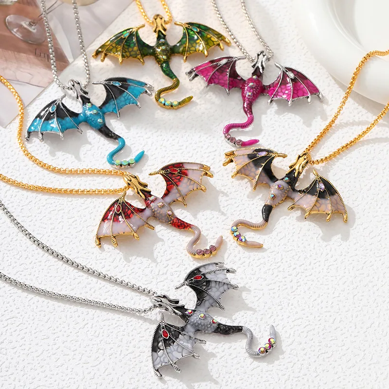 Gothic Flying Dragon Halskette für Frau Mann Punk Schmuck Goth Anhänger Halsketten Emaille Fly Dragon Kragen Halsband Kette Halsband