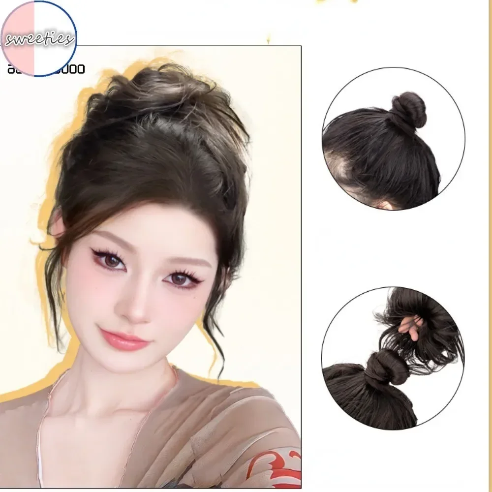 Meatball Head Synthetic Wig Fluffy Flower Bud Hair Circle Coiled Natural Look Hairpiece for Women Girls Vintage Styling Accessor