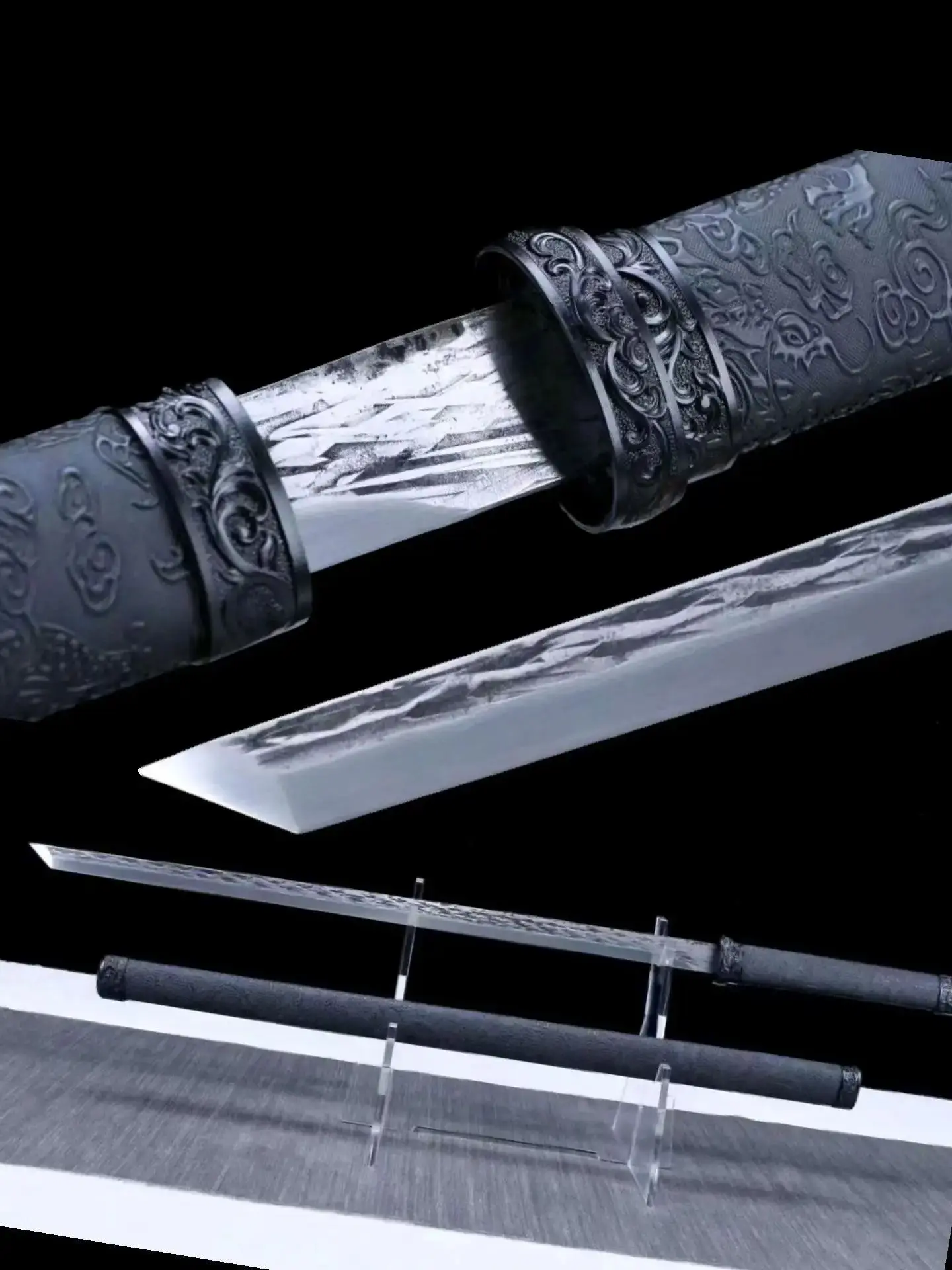 Real Chinese Kungfu Battle Sword, Black Loong Dragon, Handmade Multi Refined Train Spring Steel Hammer Pattern Blade, Unsharp