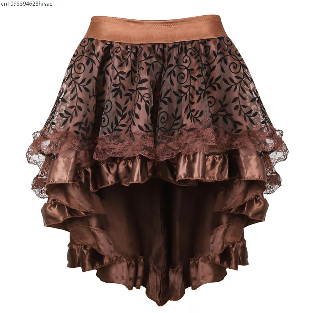 Women Punk High Low Skirt Floral Mesh Multi‑Layer Lace Ruffle Tail Skirt Gothic Victorian Renaissance Cosplay Party Costumes