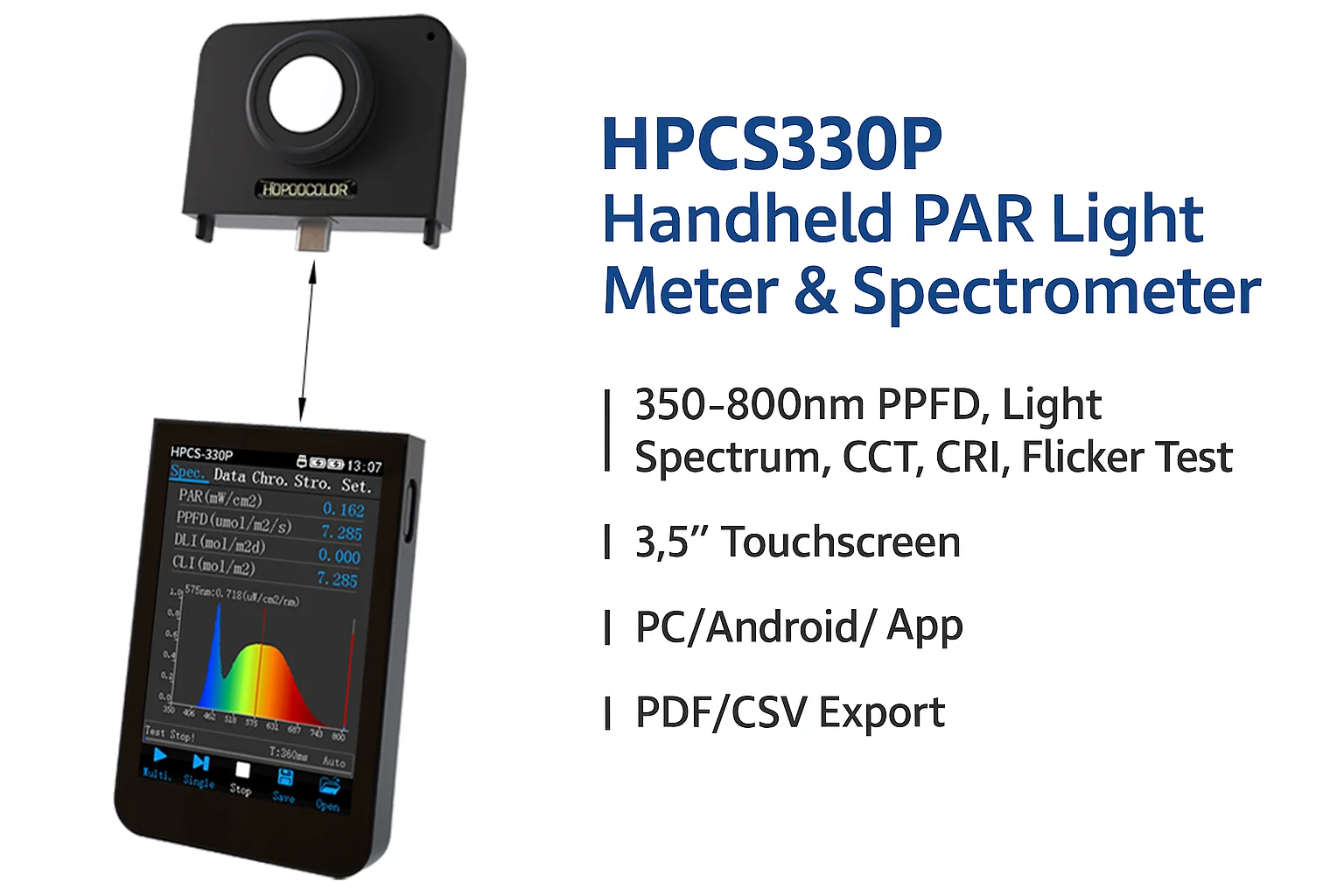 HPCS-330P Bluetooth PAR Meter – Portable Spectrometer for Indoor Grow Lights, Measures Full Spectrum, PPFD, Flicker