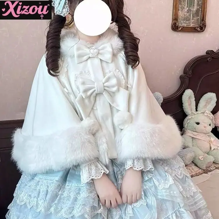 

Кавайная японская накидка в стиле Лолиты, шерстяное пальто, женское мягкое пальто для сестры, осень-зима, новинка, милая милая шаль с бантом, короткая шаль, женское пальто-шаль