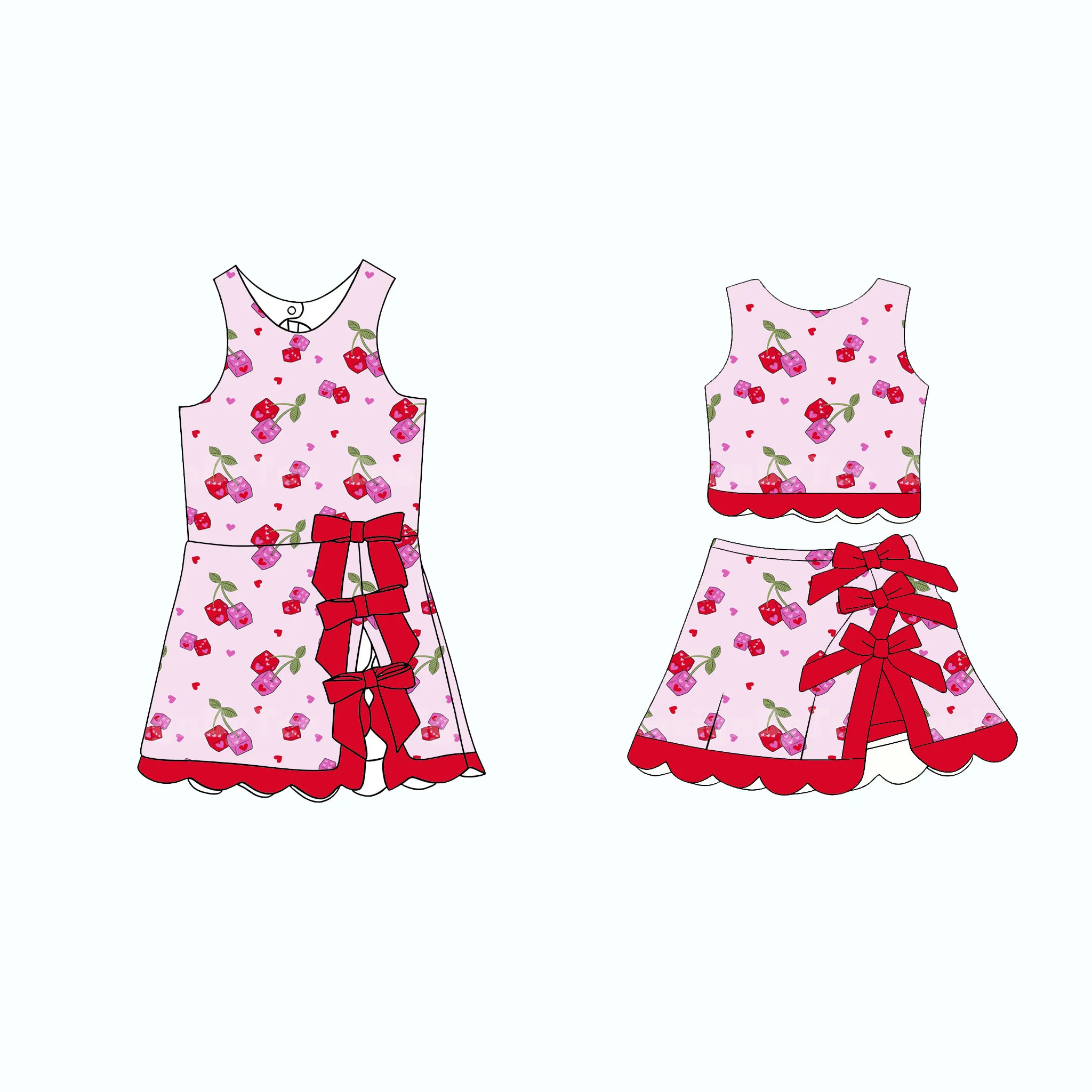 Valentine's Day Cherry Love Cartoon Print Girls Clothes Boutique Children's Set Sleeveless Skirt Shorts Lined Bow Girl Set Dress