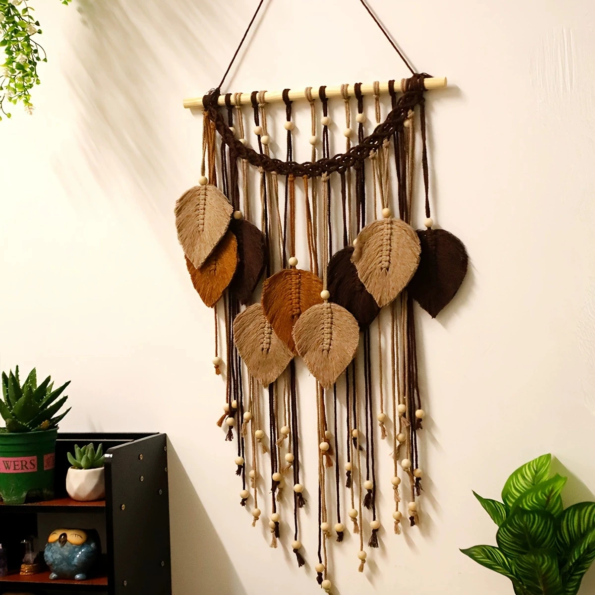Handmade Boho Leaf Macrame Hanging Tapestry Autumn Maillard Home Room Decoration Accessories Aesthetic Wall Art Holiday Decor