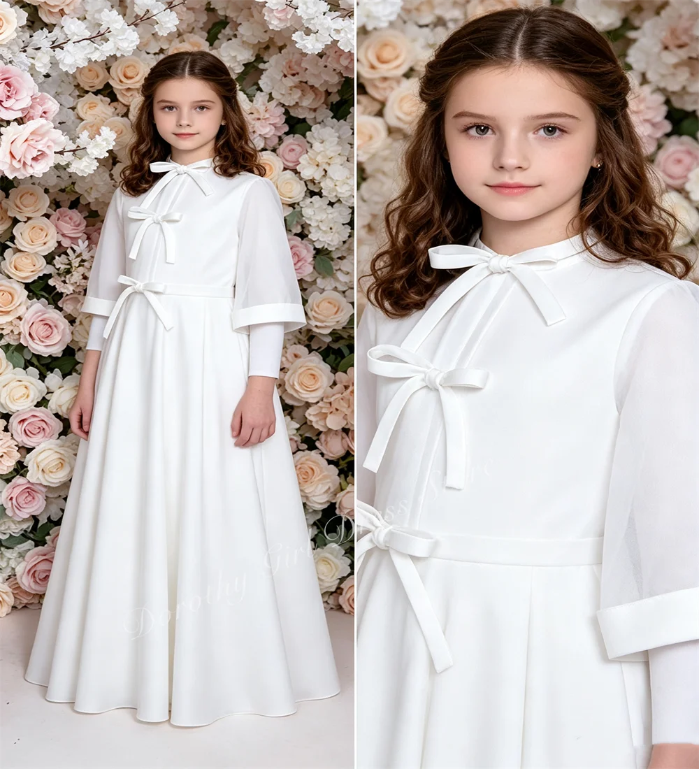 Custom White Bow-decorated Luxury Flower Girl Dress for Weddings Celebrity Events Piano Performances and Parties