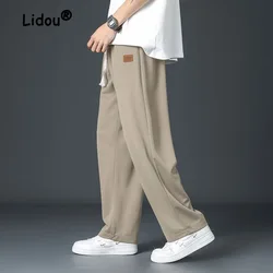 Summer Thin Ice Silk Patch Men's Wide Leg Pants Classic Street Casual Loose Straight Cylinder Waist Drawstring Motion Trousers