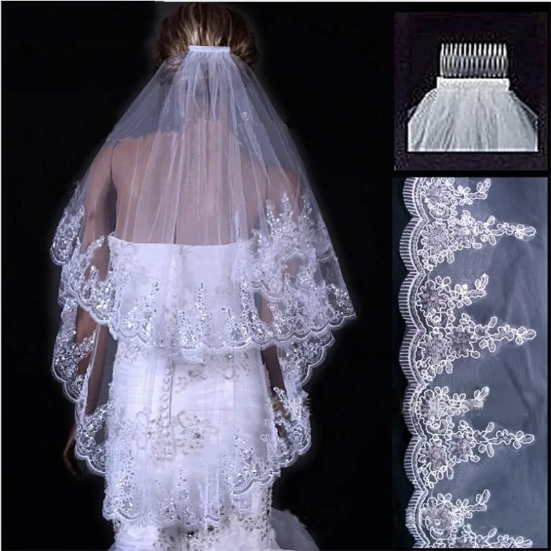 

Luxury Wedding Veils 2 Layer Lace Applique Edge with Beads Rhinestones Bridal Veil Bridal Accessories