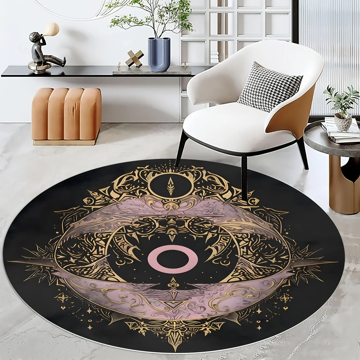 ~O~1pc Retro mysterious style round floor mat, polyester fabric, machine washable, suitable for bedroom and living room decorati