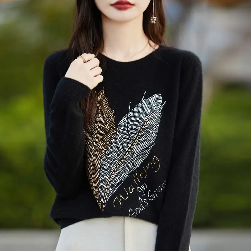 Autumn Winter Women\'s 2024 New Splicing Pullovers O-Neck Printed Letter Minimalist Office Lady Casual Long Sleeve Knitted Top