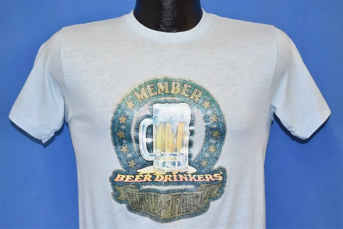 70s Beer Drinkers Hall of Fame Member Glitter Iron On Soft T Shirt Small