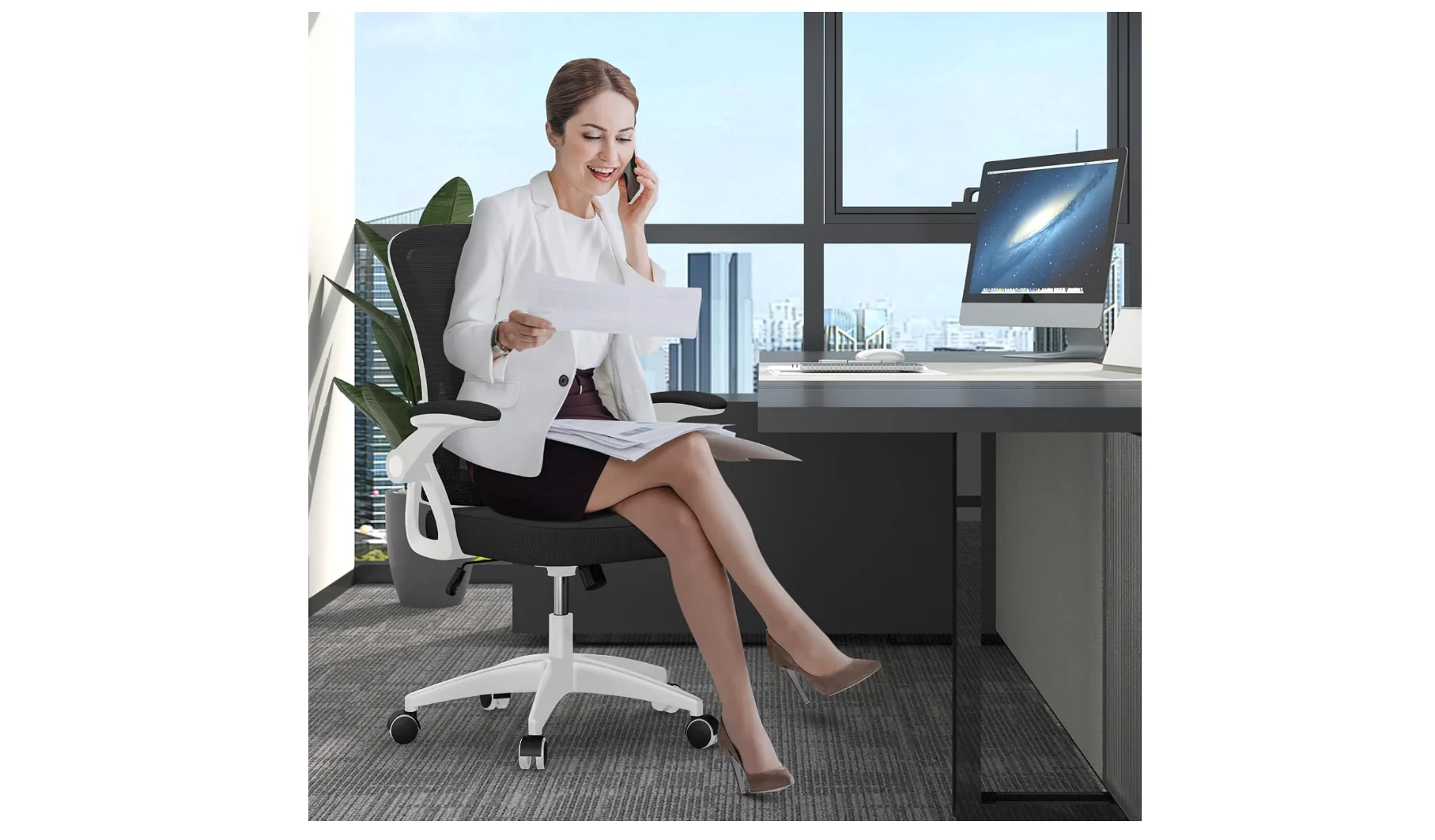 naspaluro Ergonomic Office Chair, Mid-Back Computer Chair with Adjustable Height, Flip-Up Arms and Lumbar Support, Breathable Br