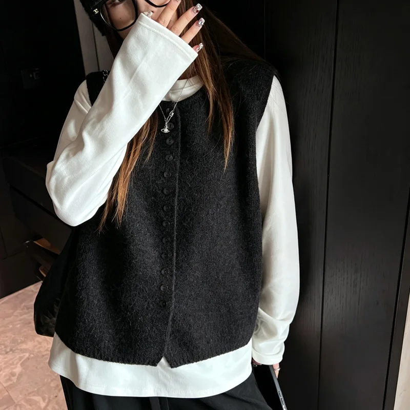 Solid-Color Versatile Basic Warm Fleece-Lined Thick Vest Women's Loose-Fit Knit Sweater Top ·