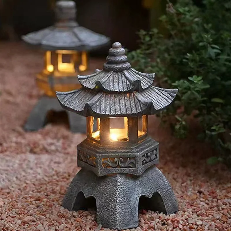 ABLU-Garden Accessory Ornament Solar Powered Resin Pagoda Lantern Palace Lanterns Tower Statue Solar Lamp Garden Decor A Easy In