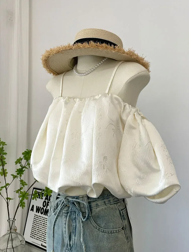 Women Korean Hotsweet Jacquard Vest Y2K Basic Casual Off Shoulder Beige Crop Tops Female Streetwear Kawaii Puff Sleeve Camisole