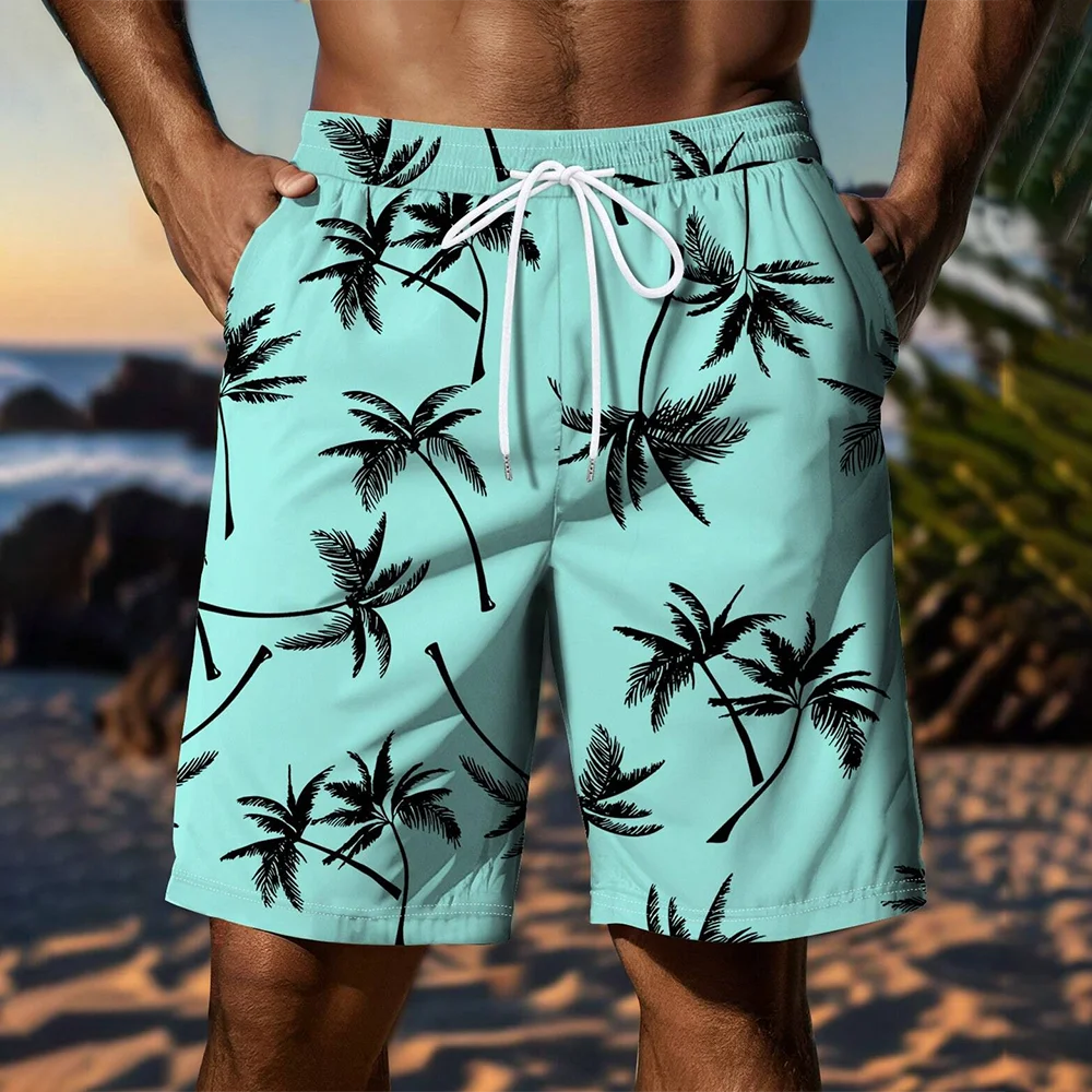 Summer Men\'s Vacation Loose Beach Shorts Drawstring Quick Dry Coconut Tree Print Surf Shorts Casual Oversized Sport Short Pants