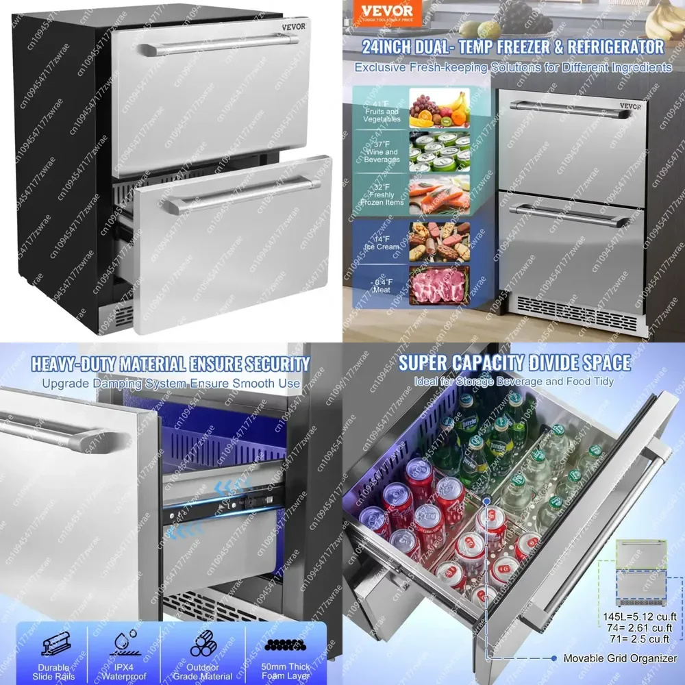 24-Inch 4.87 Cu.ft. Capacity Indoor Waterproof Undercounter Refrigerator 2 Drawers Different Temperature Side-by-Side Design