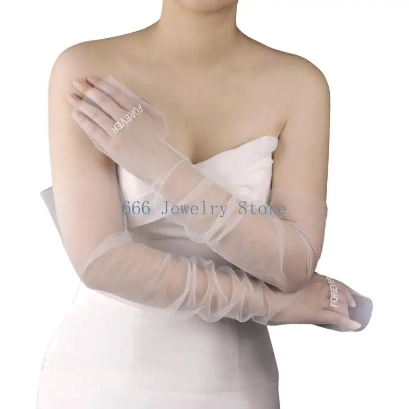 

F2TD Soft Embroidered Fingerless Gloves Flexible Sheer For Brides Special Occasion Bridal Gown
