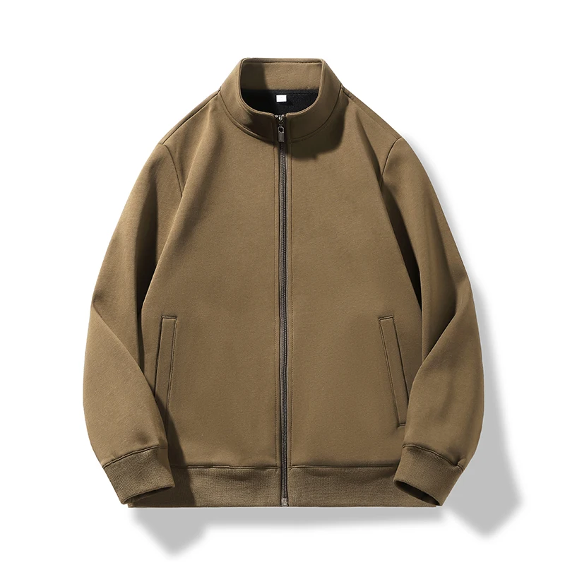 Men Solid Stand Collar Zip Up Jacket Rib Cuff Casual Coat