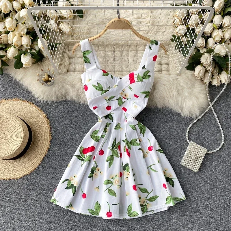 Women\'s Summer Dress French Retro V-neck Print Sleeveless Short Suspender Dress New Waist Slim Feamle Dresses DE673
