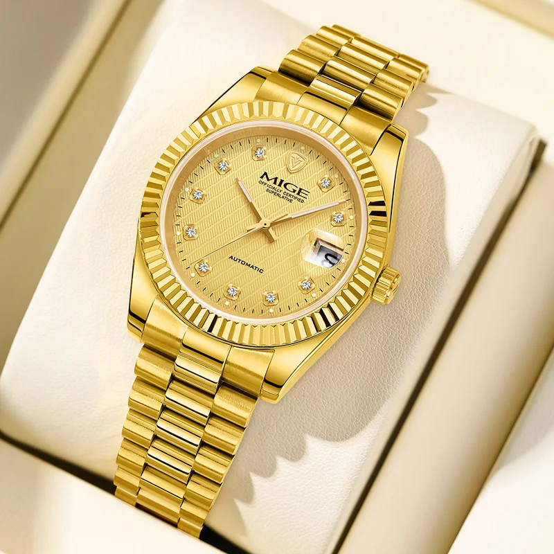 MIGE Classic Luxury, caja/correa de acero inoxidable dorado, reloj con movimiento mecánico completamente automático,