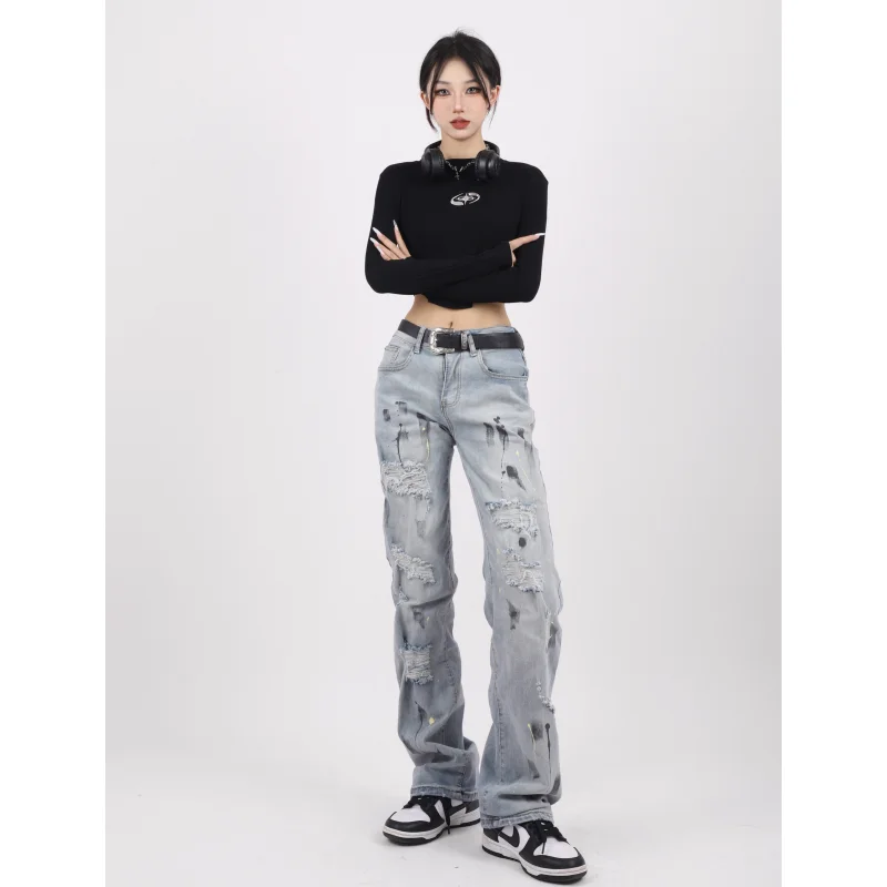 Blue Jeans Women Graffiti High Waist American Wide Leg Pants Fashion Y2K Style Baggy Vintage Female NEW Autumn Straight Trouser