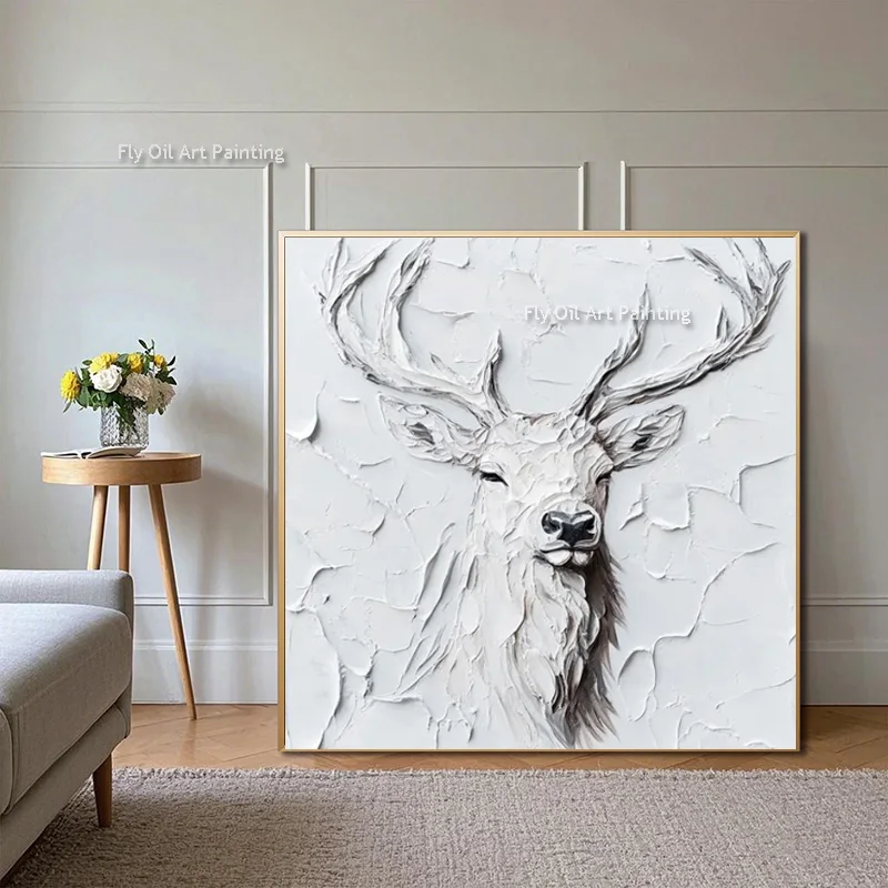 Beautiful Pure White Elk Modern Canvas Thick Wall Art Handpainted White Brown Elk Head Oil Painting For Living Room Decor