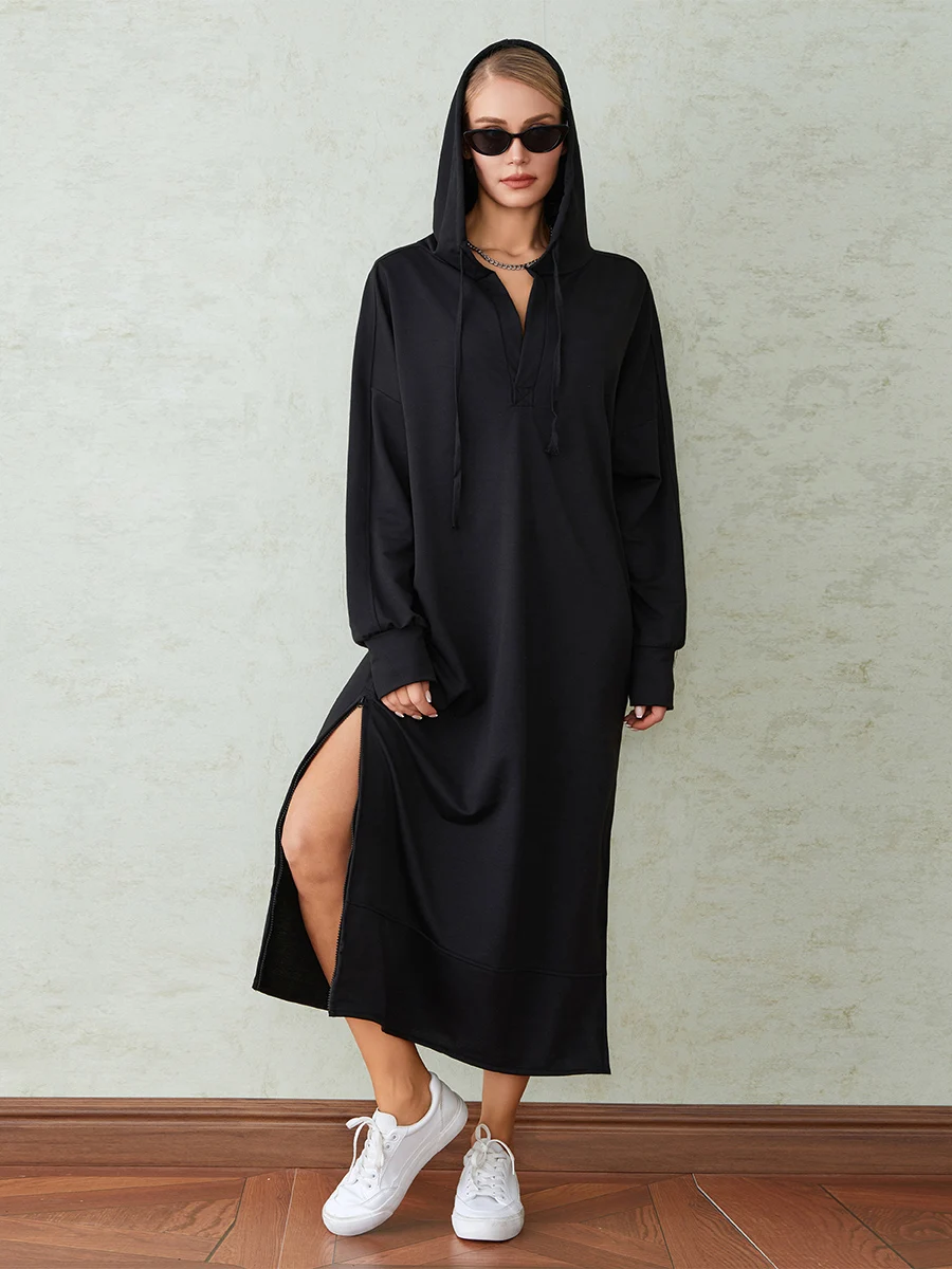 

Women Spring Fall Solid Color Drawstring Hooded Dress Long Sleeve V Neck Fashion Side Slit Casual Long Dress