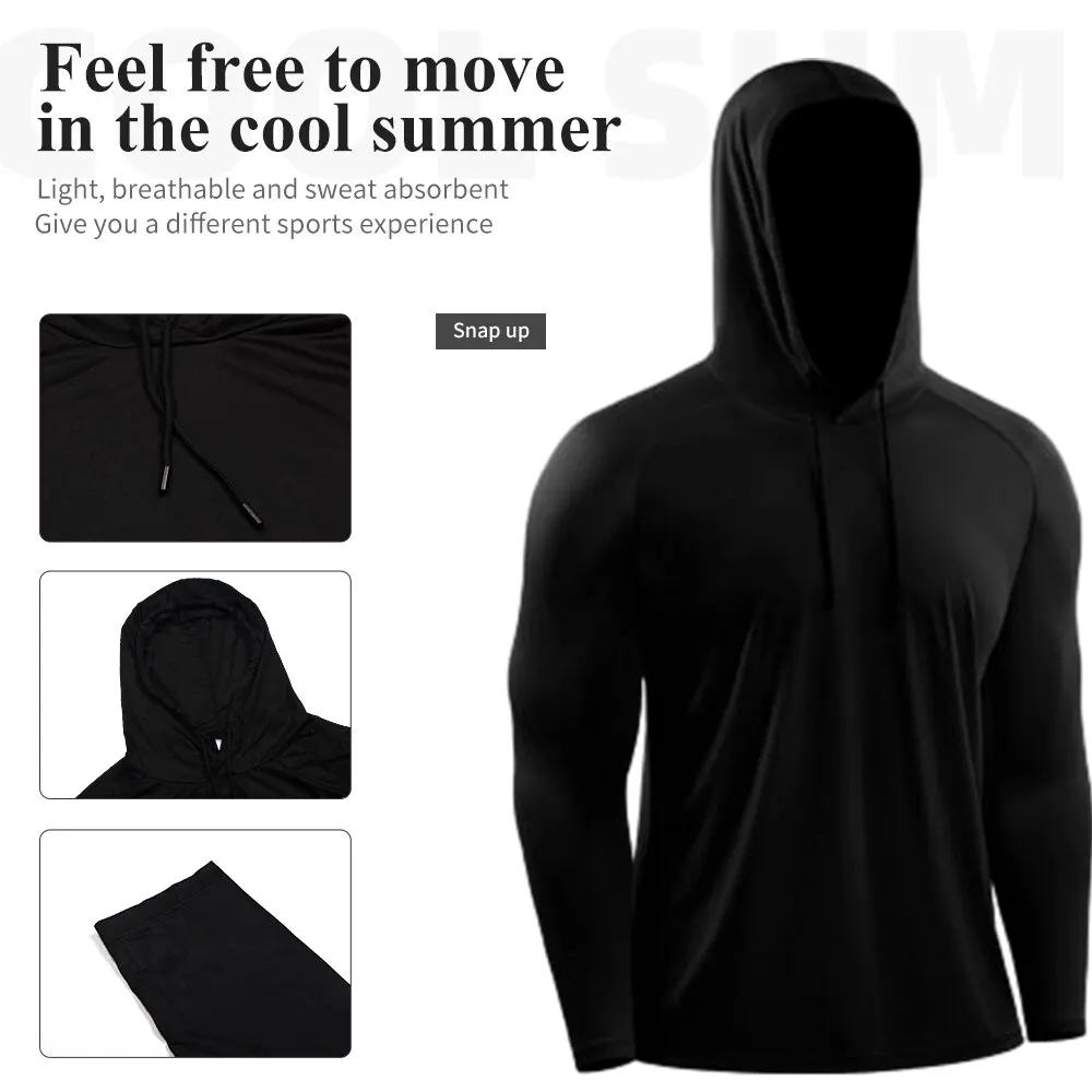 Men\'s Sport T-shirt Hoodie Gym Traning Sportwear UPF 50+ UV Sun Protection Long Sleeve Outdoor Fishing Running Hooded Shirt