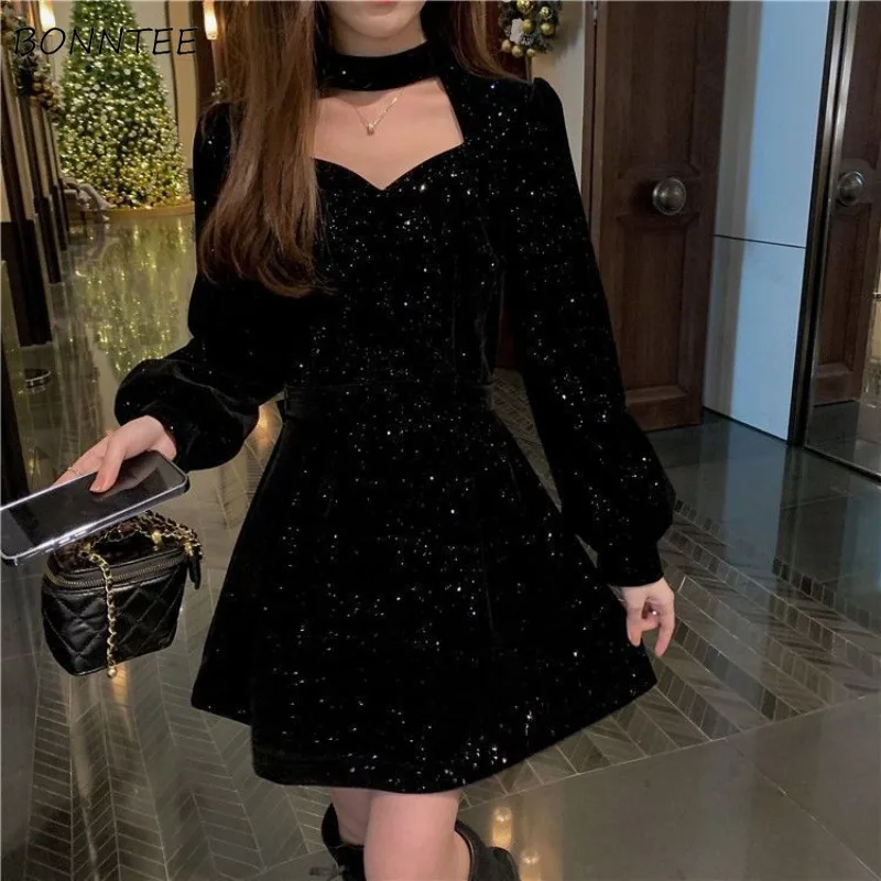 Bling Mini Dresses for Women Pleated Sequins Fashion Vintage Vestidos Long Sleeve High Street Fitness Female Mujer Party Chic