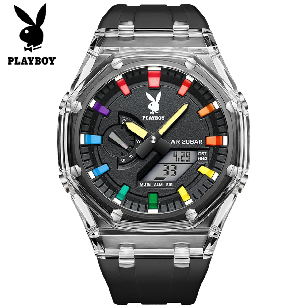 PLAYBOY Man Watch 20Bar Waterproof Electronic Watches For Men Luxury Fashion Silicone Strap Men's Sports Quartz Wristwatch 2066