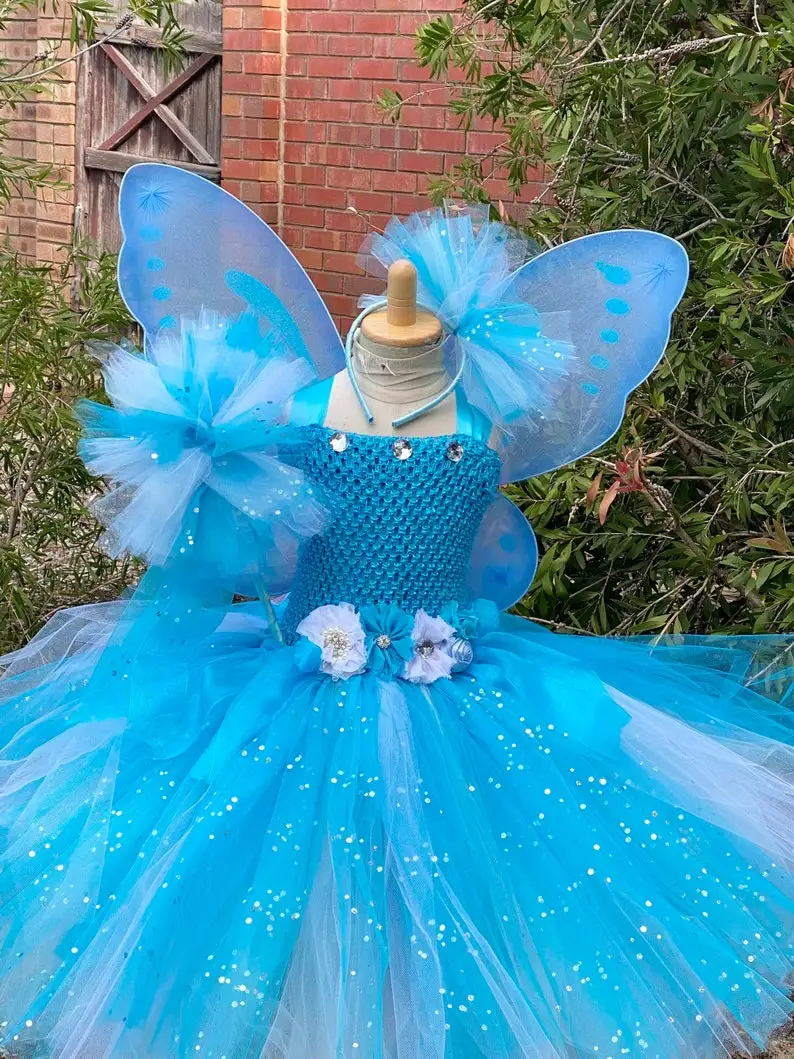 Girls Blue White Glitter Tutu Dress Kids Flower Fairy Dress with Butterfly Wing Stick Children Party Costume Princess Dresses