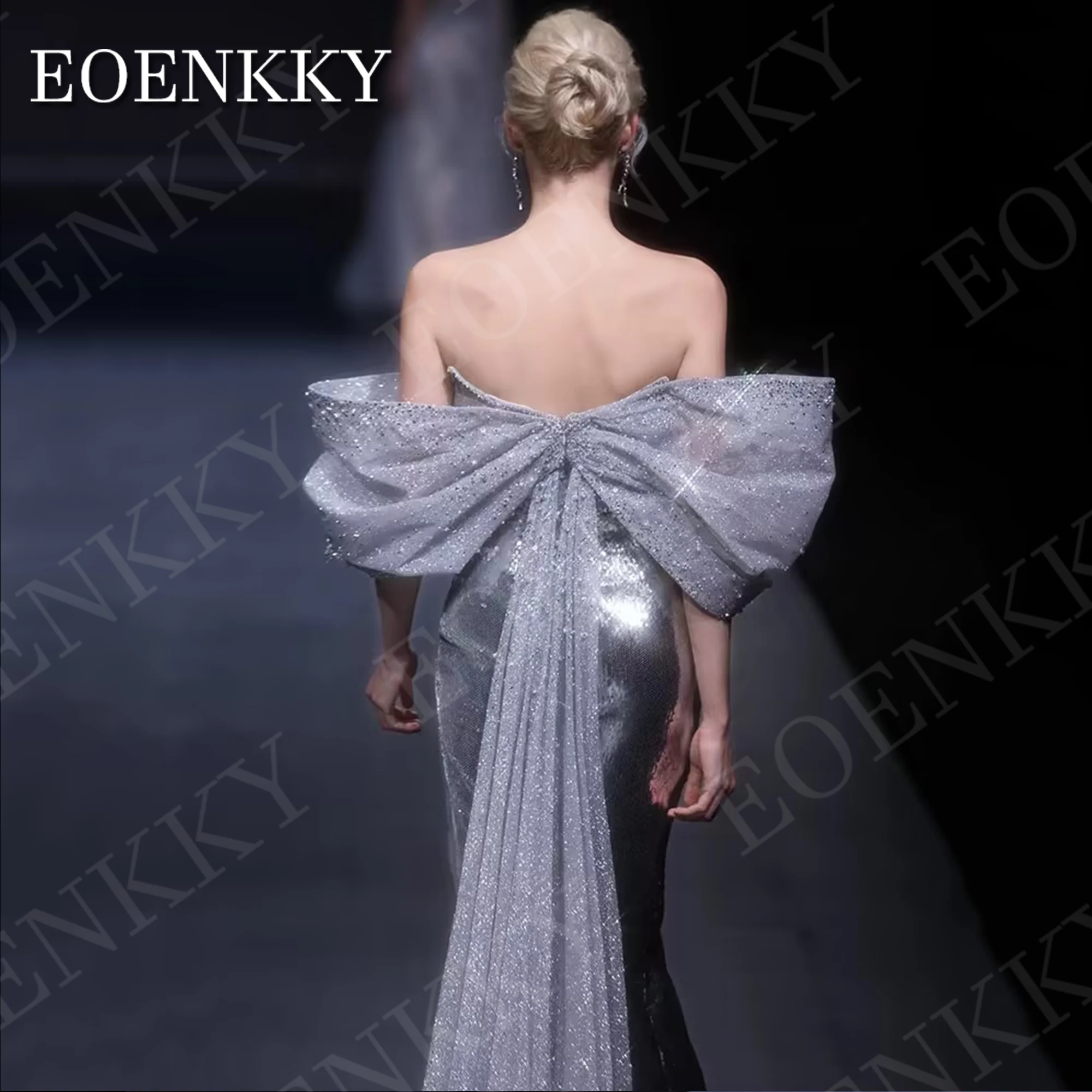 EOENKKY Elegant Sequin Evening Dress Luxury Off Shoulder Sparkly Mermaid Side Split Formal Party Dresses Silver Customized Women