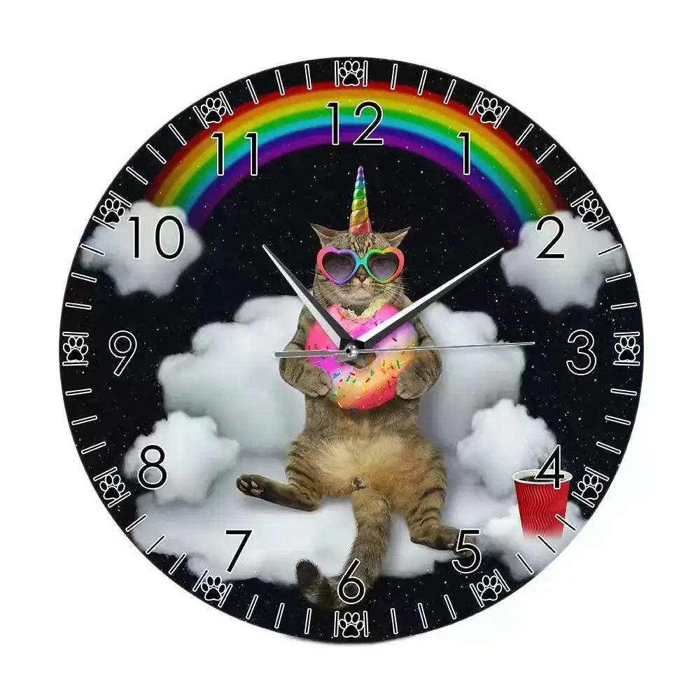 Funny Unicorn Cat Wall Clock Rainbow Donut Space Galaxy Silent Quartz Watch Kids Bedroom Living Room Decor Cat Lover Gift