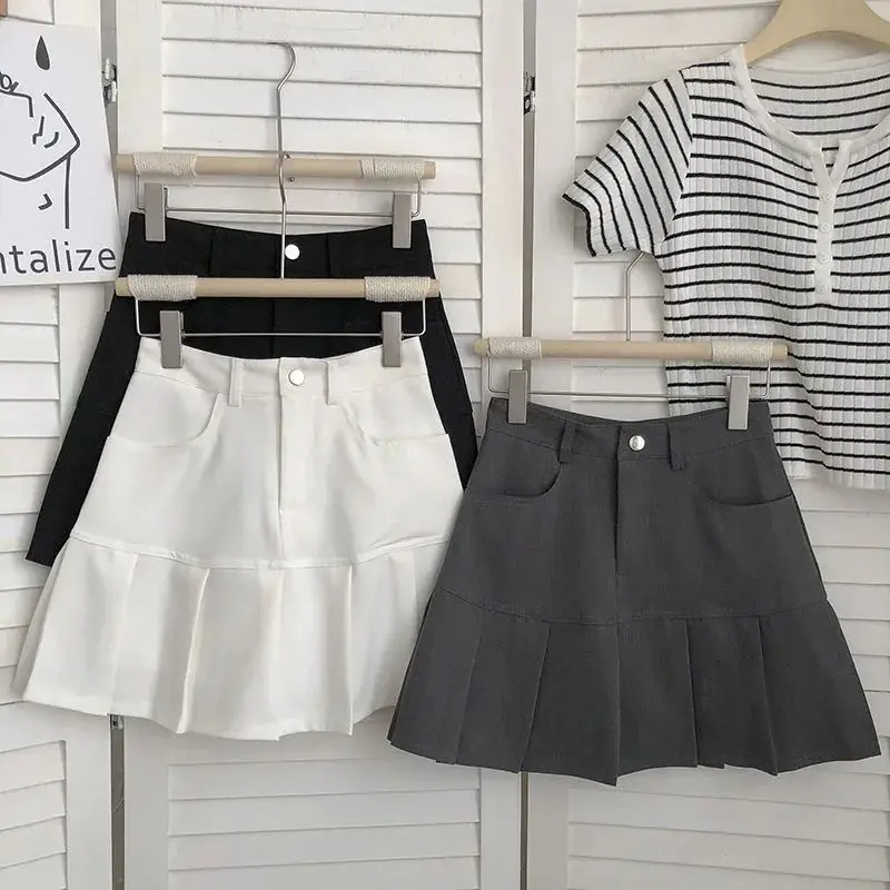 Grey Half Length Skirt Women Korean 2024 Summer New Preppy Style Pleated Skirt High Waist Word a Solid Color All-match Skirt