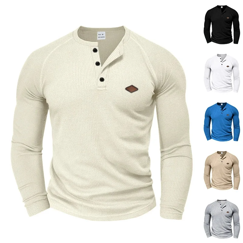 Men's Casual American Spring And Autumn Waffle Thin Quick-Drying Button Shoulder Henley Shirt Long Sleeve