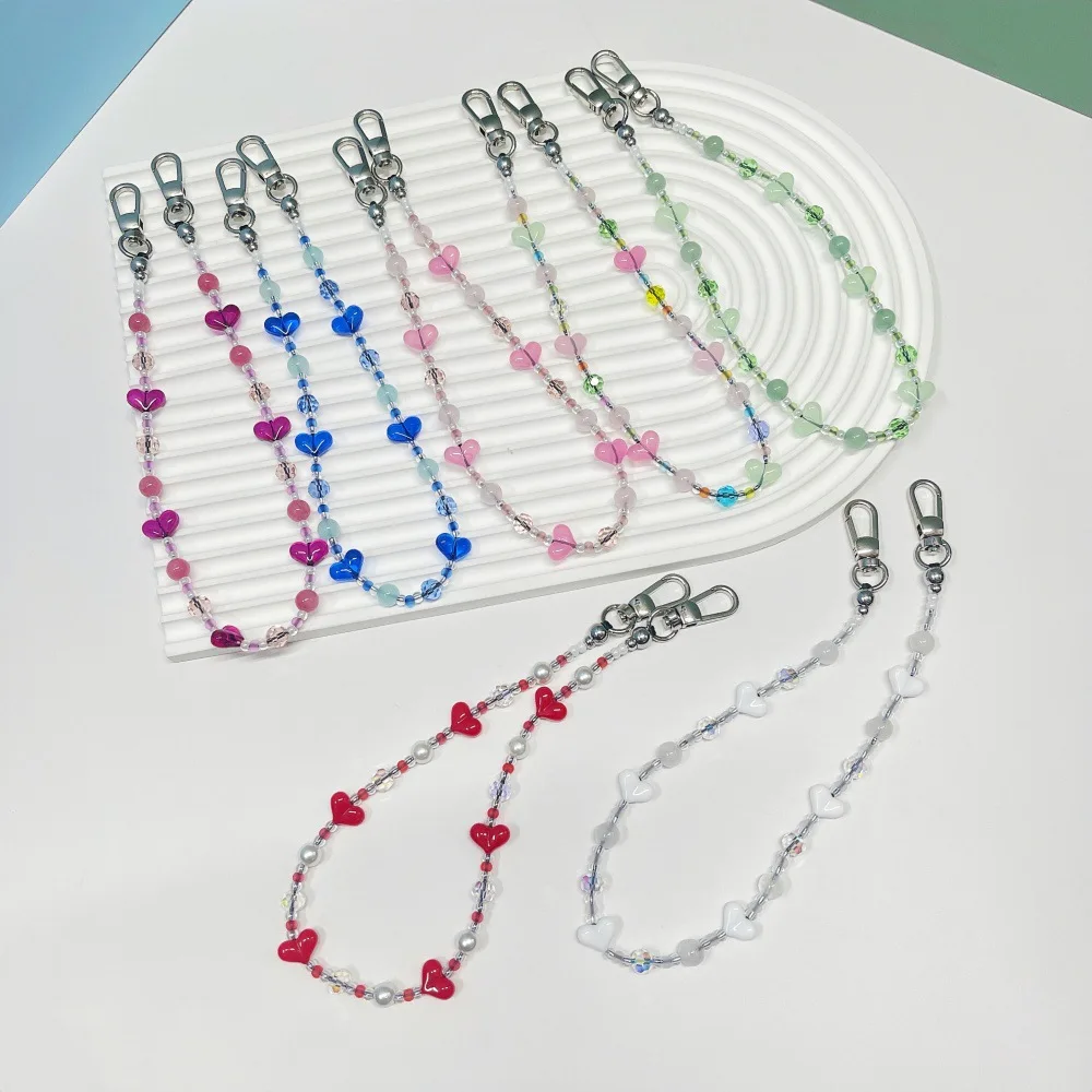 HERLOOK Assorted Y2K Heart Beaded Phone Charm Colorful Crystal Bead Keychain Lobster Clasp Bag Hanging Decor Accessory For Women