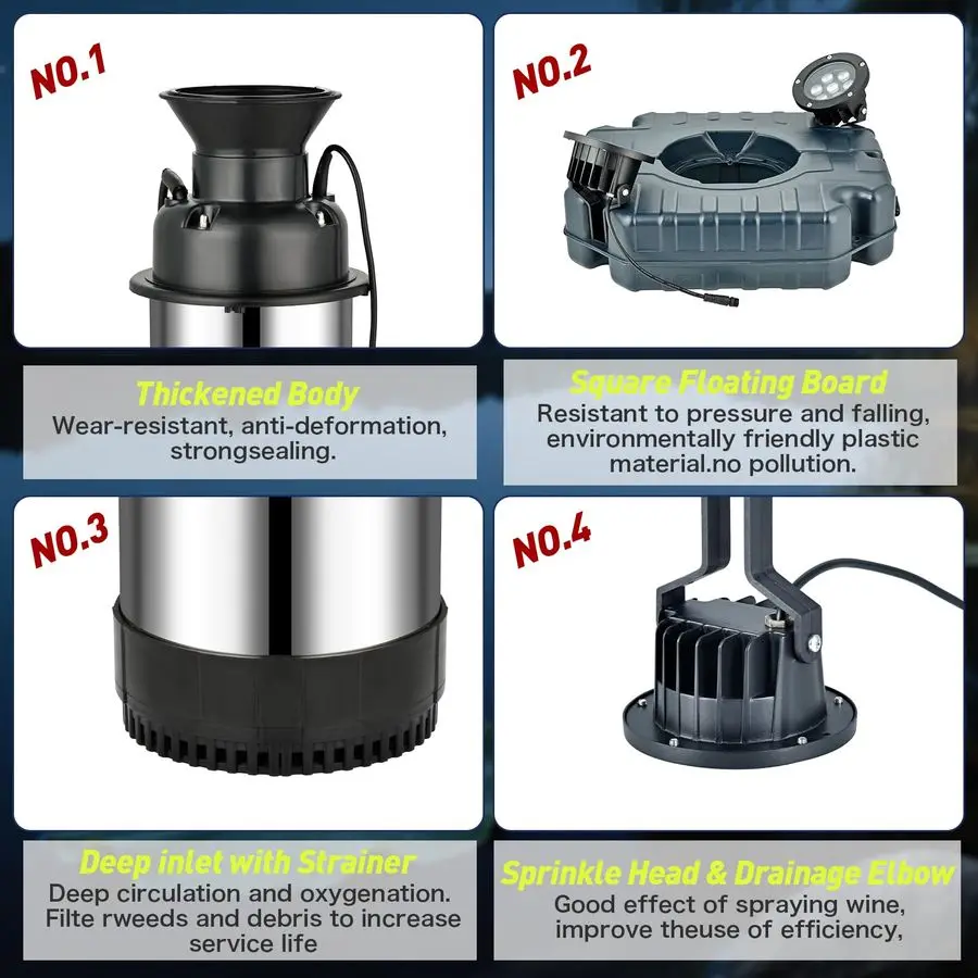 LED Pond Fountain with RGB Lighting System, Stainless Steel Rotor, AllCopper Motor, Remote Control, Dynamic Color Changing, for