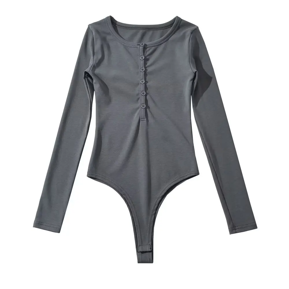 Women Long Sleeve O-neck Bodysuits 4 Colors Knitted Elastic Slim Tops White Jumpsuit