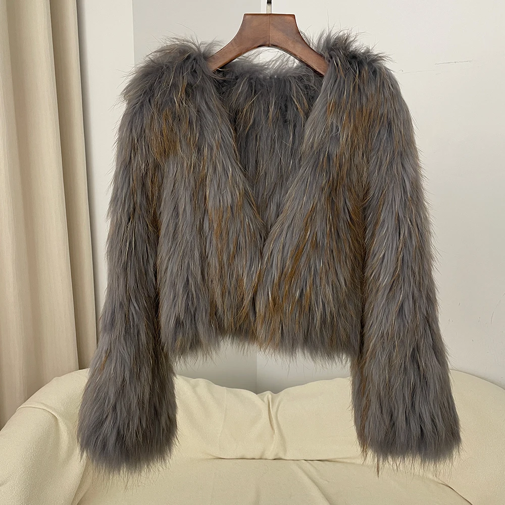 الواقع معطف الفرو الخريف الشتاء سميكة الدافئة قصيرة الأوروبية الطبيعية الراكون الفراء سترة الخامس الرقبة الوجهين المنسوجة الفراء النساء #2