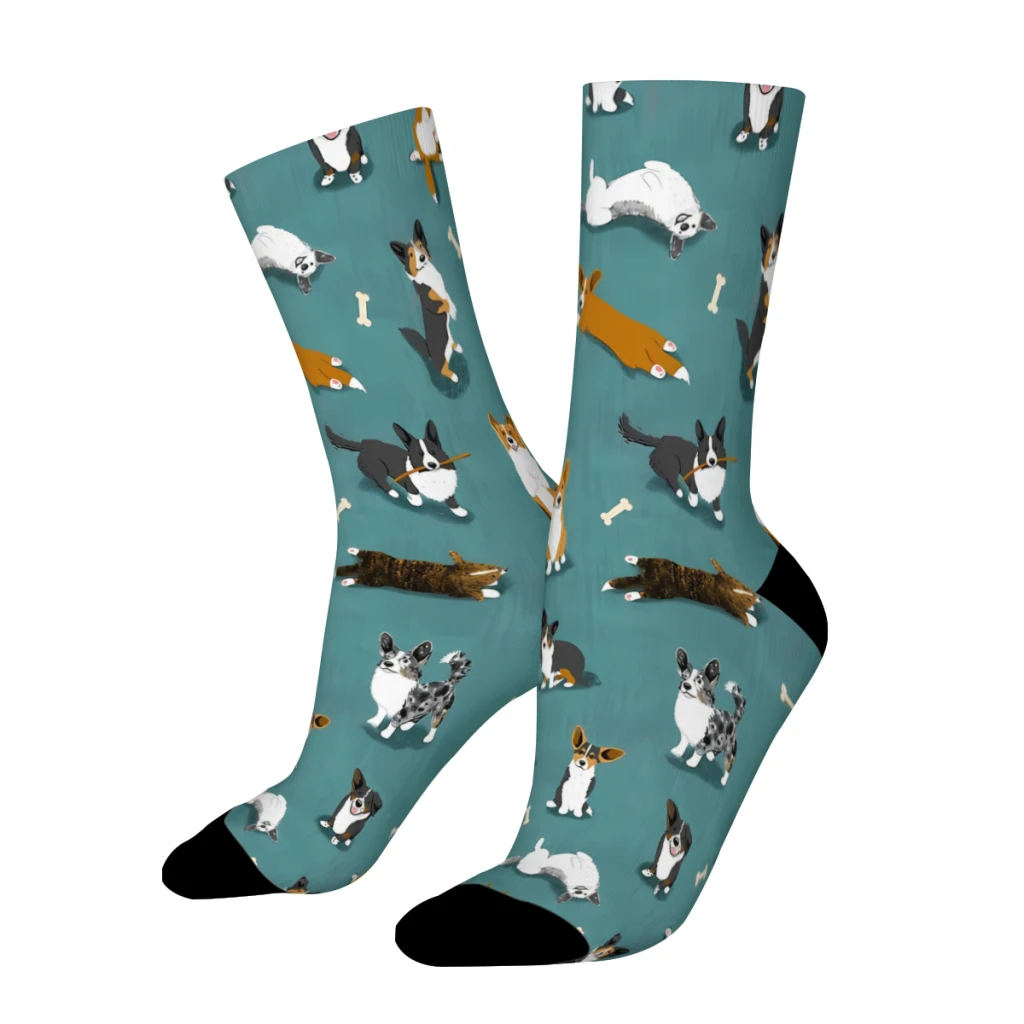 Cárdigan Retro con patrón de Corgi verde azulado para hombre, calcetines de perro Corgi, Animal, Unisex, novedad, sin costuras, estampado divertido,