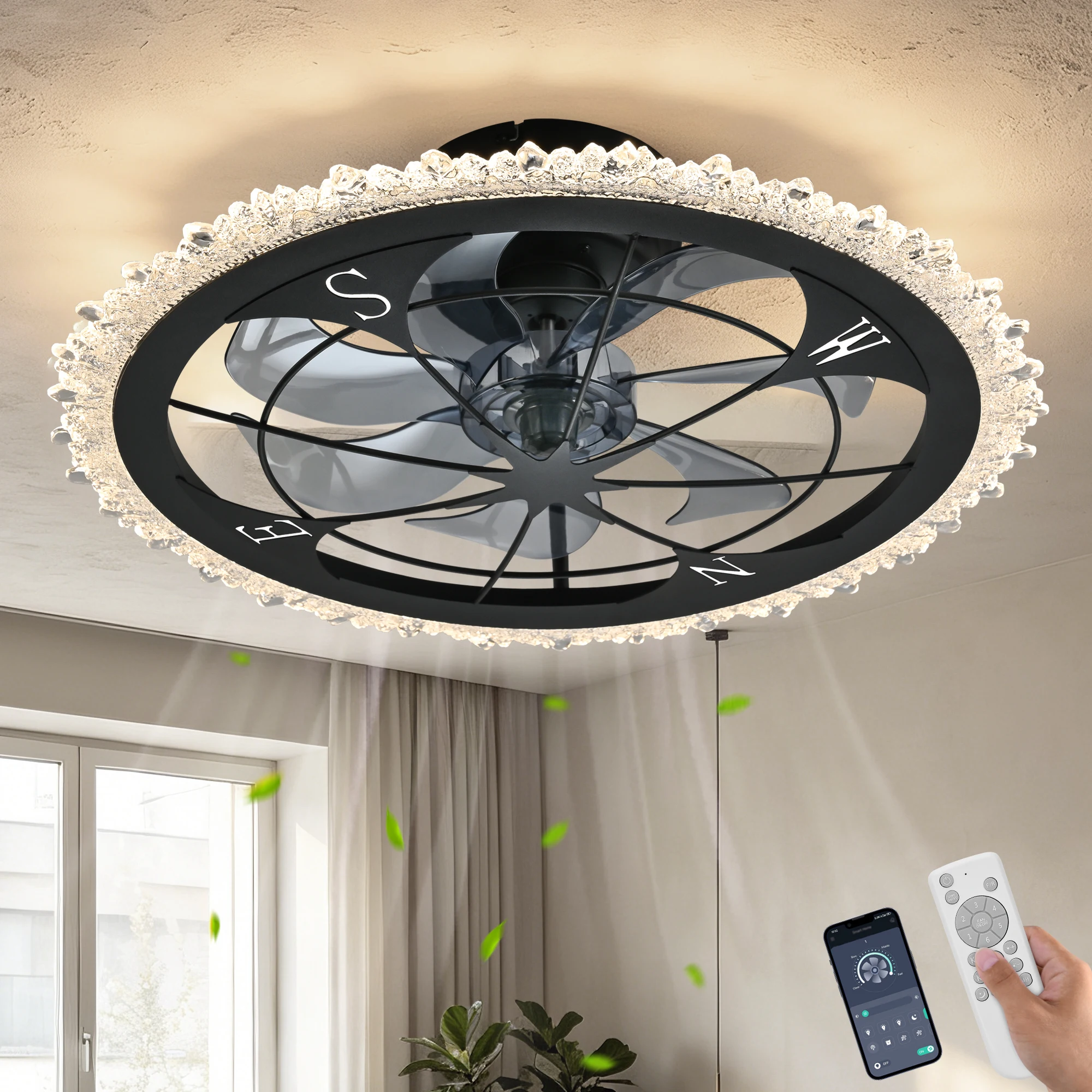 Rustic Black Flower Caged Ceiling Fan with Light, Farmhouse Remote Control Fan, Reversible LED for Bedroom Kitchen