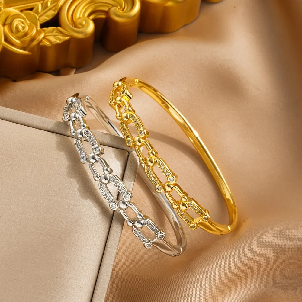 

Geometric women's bracelet, micro-inlaid gold bracelet, pure gold electroplated horseshoe-shaped buckle bracelet
