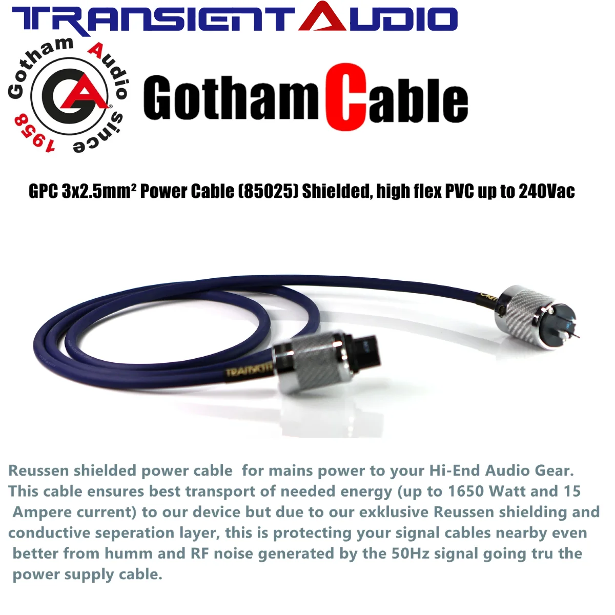 TRANSIENTHI-FIAUDIO Gotham 2.5mm² Audiophile Power Cable with Carbon Fiber Plug – Upgrade for CD, Tube Amp, DAC