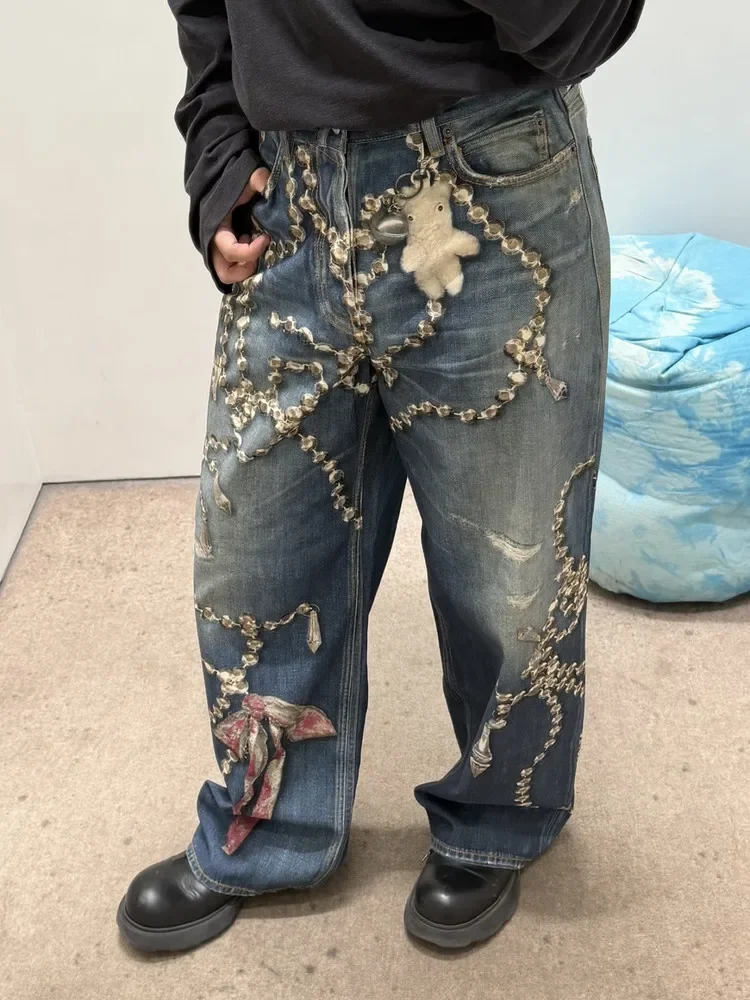 AC 1981m straight crystal chain bow trompe l'oeil printed jeans