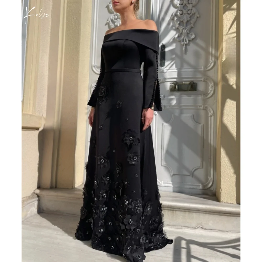 Kobe BlackFour-Way Stretch Strapless Prom Dress 3D Flower Long Sleeves Wedding Dresses Floor-Length vestidos de noche Customized